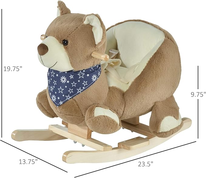 Qaba Baby Rocking Horse with Lullaby, Ride On Horse, Bear Themed Plush Animal Rocker with Pedals for Ages 18-36 Months, Easy to Assemble