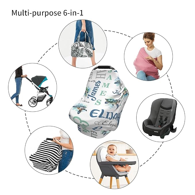 Personalized Baby Car Seat Cover with Name Stroller Canopy Custom Sea Turtle Carseat Cover Newborn Baby Boy Girl Nursing Cover for Moms First Birthday Gift