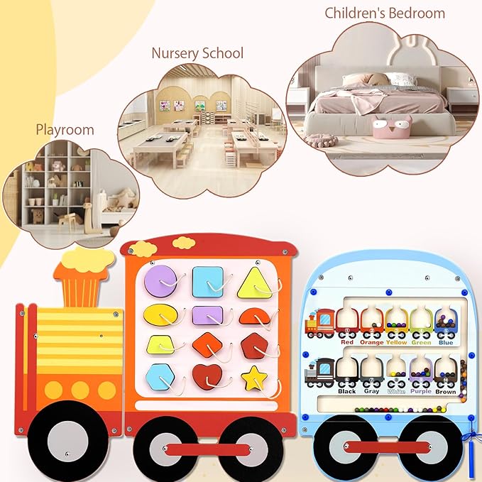 Joyreal Train Activity Wall Busy Board Panels - 8-in-1 Toddler Learning Activity Center - Wooden Montessori Sensory Toys for Playroom, Daycare, Classroom - Educational Toy for All-Round Development