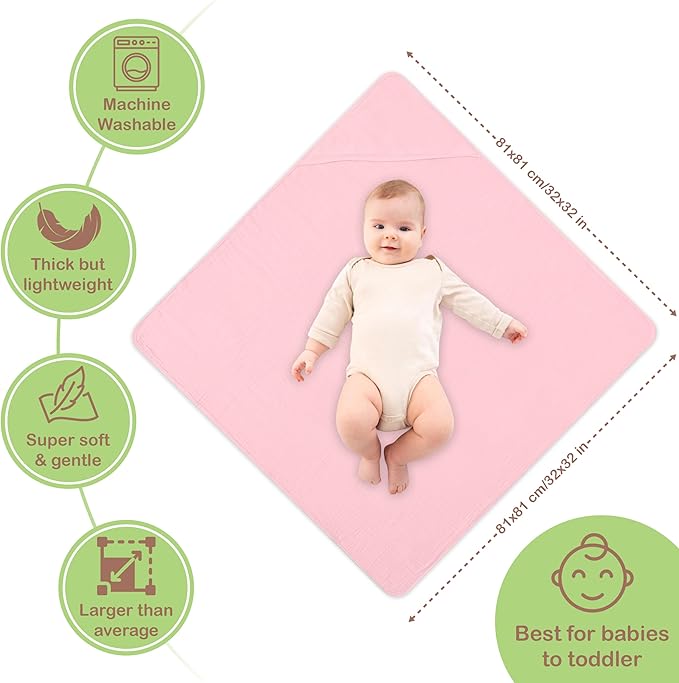 100% Organic Cotton Muslin Baby Hooded Towels - 32x32 Inch, 2 Pack Newborn Bath Towels for Boys & Girls, Soft & Absorbent Bath Set (Light Pink/Light Purple)