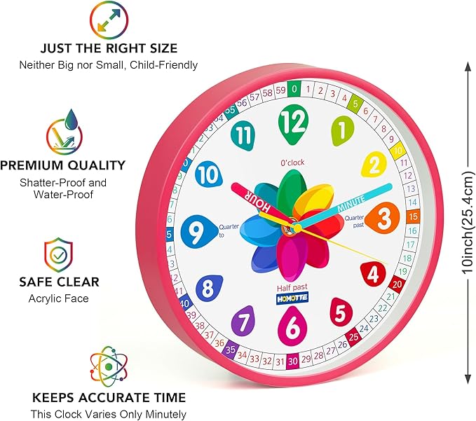 Homotte Learning Clock for Kids, 10 Inch Telling Time Pink Wall Children's Silent Non-Ticking Teach Educational Clock for Bedroom, Classroom Girls Home Decor