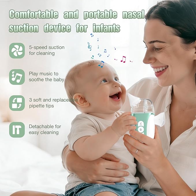 Smart Baby Nasal Aspirator, 2-in-1 Electric Nose Sucker for Toddlers with Spray, 5-Level Suction, Soothing Music, 2 Silicone Tips, USB-C Charge, Storage Case | Nasal Aspirator for Baby (Olive Green)