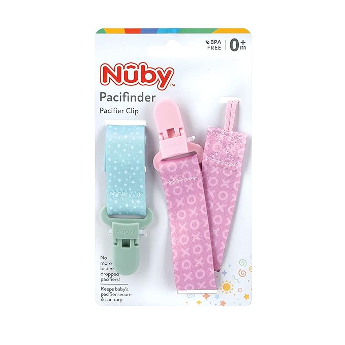Nuby Pacifinder Baby Pacifier Clip - (2-Pack) - Pacifier Holder Clip with Convenient Hook Loop - Green Dots and Pink XOs