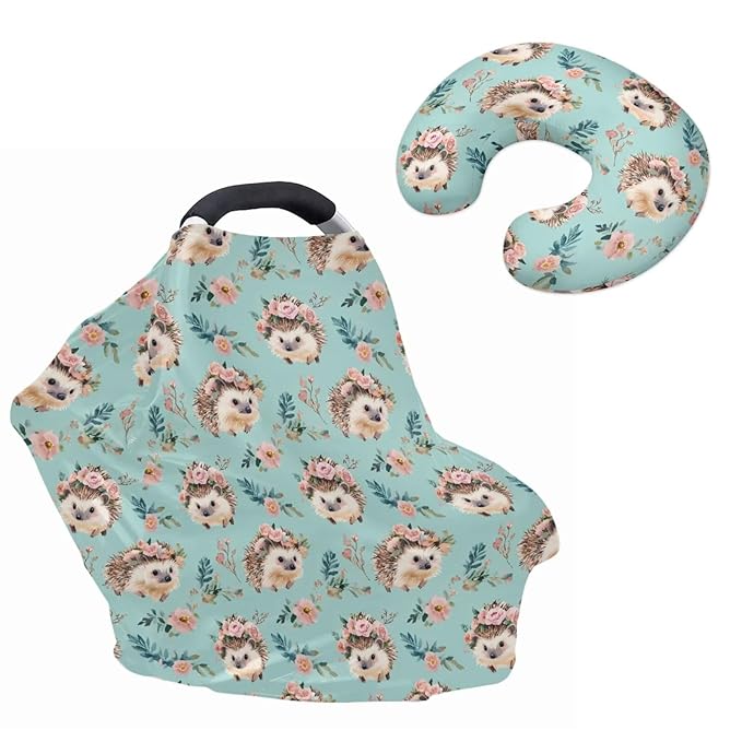 Mint Green Carseat Canopy Floral Hedgehogs Multi-use Breastfeeding Scarf Newborn Breastfeeding Pillow Slipcover Detachable Nursing Pillow Protective
