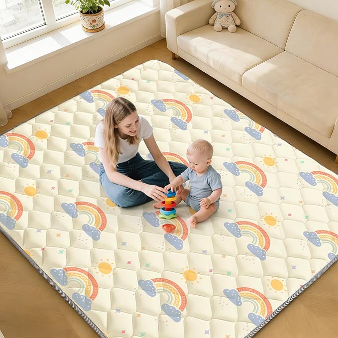79"x71" Baby Play Mat - Extra Thicker & Soft Floor Crawling Mat - Non-Slip Foam Playmats for Playpen - Foldable & Machine Washable Baby Activity Mat for for Babies and Toddlers, Rainbow