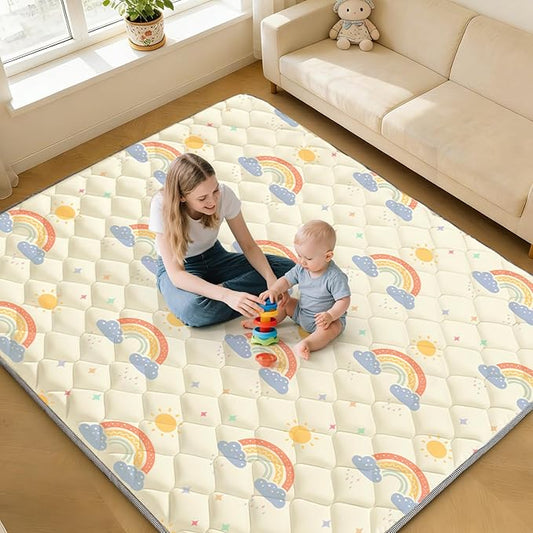 79"x71" Baby Play Mat - Extra Thicker & Soft Floor Crawling Mat - Non-Slip Foam Playmats for Playpen - Foldable & Machine Washable Baby Activity Mat for for Babies and Toddlers, Rainbow