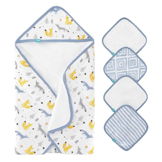 Featherhead™ 5-Piece 100% Cotton Muslin Hooded Bath Towel & Washcloths Set for Baby Boy - Ultra Soft and Extra Absorbent - Newborn Essential & Perfect Baby Registry Gift (Blue Foxes)