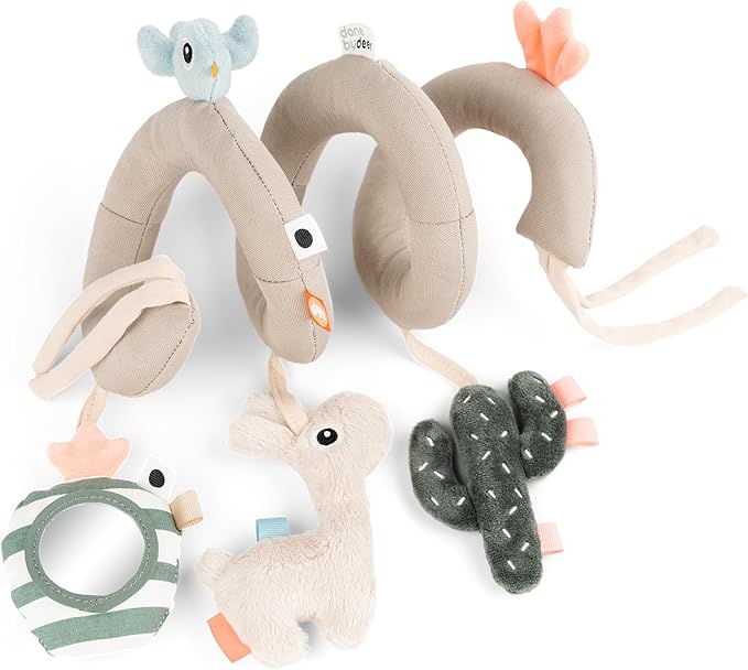 Done by Deer Car Seat Toys Hanging - Activity Spiral – Sensory Baby Toy with Mirror with Sound & Crinkle Sounds - Attachable to Cot, Carseat & Stroller - Soft & Baby-Friendly Materials