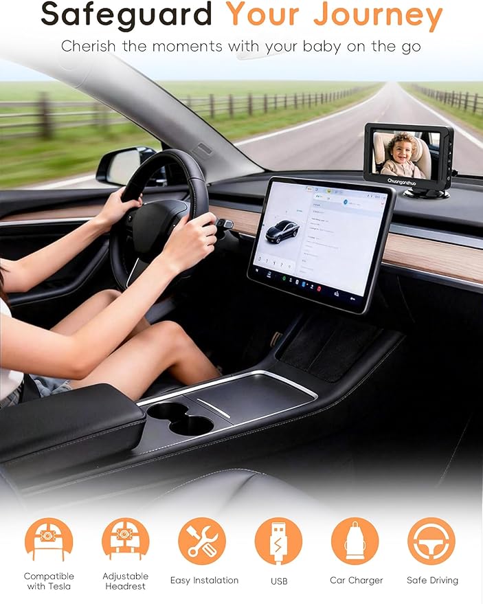 S100C Baby Car Camera USB Powered, Crystal Clear Auto IR Night Vision in Total Dark, Adjust Brightness & 1080P 5" IPS Monitor, 3X Zoom & 360° Rotating Backseat Camera for Rear or Forward-Facing Infant