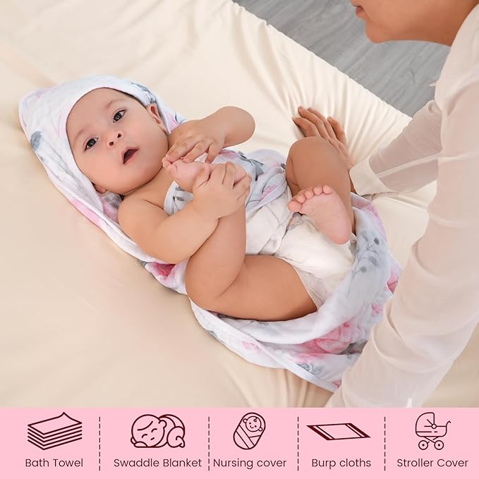 david's kids 2 Pack Hooded Baby Towels, 100% Muslin Cotton 6-Layer Ultra Soft Breathable Absorbent Baby Bath Towels for Infant and Toddler, Newborn Essentials, Large 32x32Inch, Floral