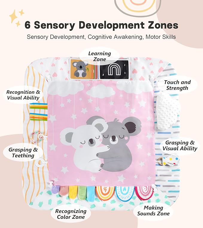 Baby Play Mat Activity Gym, 6 Developmental Zones Tummy Time Mat, 6 Detachable Sensory Toys and Educational Cards, Essential Baby Shower Set, Pink Koala