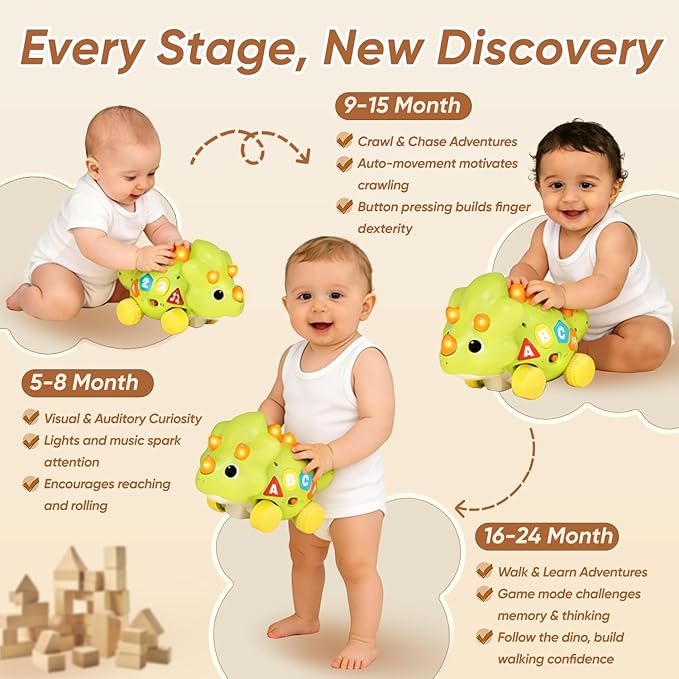 Dinosaur Baby Musical Toys, Dinosaur Tummy Time Toy with Musical for Kids, Early Learning Educational Crawling Toys Gifts for Toddlers Ages 1-3.