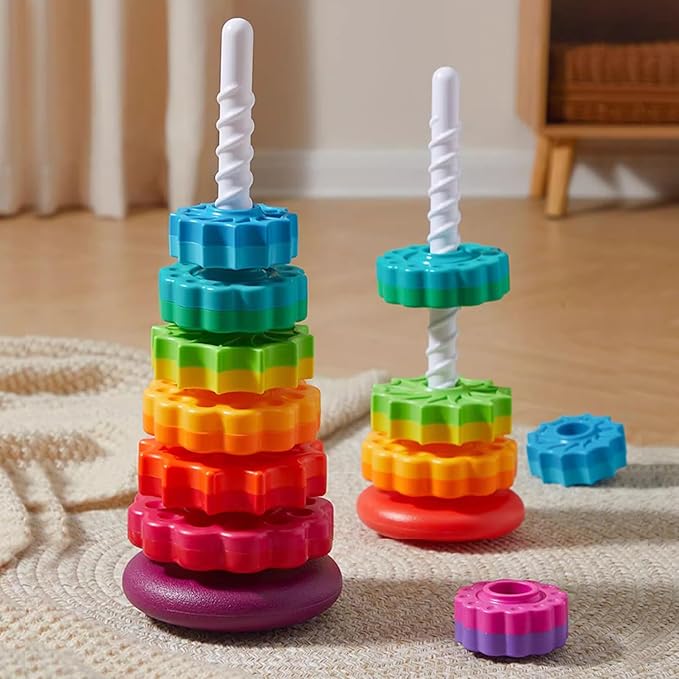 Baby Spinning Stacking Toys Sensory Toys for Toddlers 1-3, Rainbow Ring Spin Montessori Toys for Babies 12 Months, Autism Learning Toy for 1 2 3 One Year Old Girl Boy Christmas Birthday Gifts