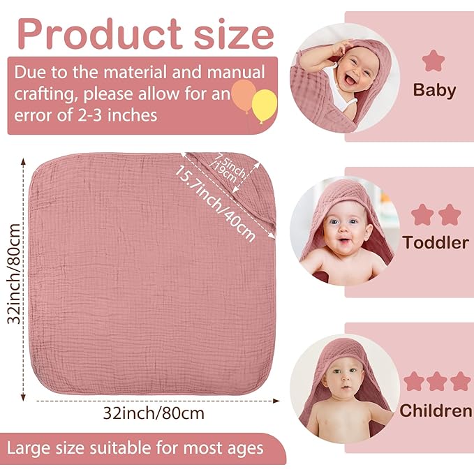 Peryiter 4 Pcs Muslin Hooded Baby Towels 32 x 32 Inch Cotton Newborn Bath Essentials Muslin Infant Blankets Absorbent Registry Gifts for Girl Boy Kids Baby Shower (Dark Color)