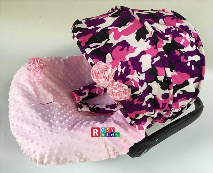 Rosy Kids Infant Carseat Canopy Cover 4pc Whole Caboodle, Baby Car Seat Cover and Canopy Cover Outdoor Traveling Kit, Purple Camouflage Baby Pink