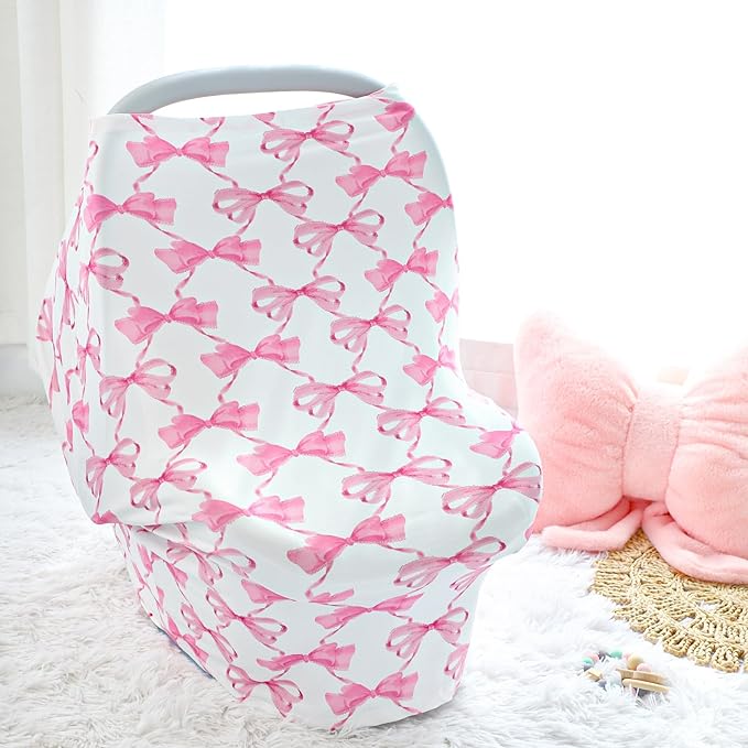 Baby Car Seat Cover Girls, Infant Carseat Canopy, Stretchy Multi- use Nursing Cover for Stroller/High Chair/Shopping Cart/Car Seat Canopies (Pink Bow)