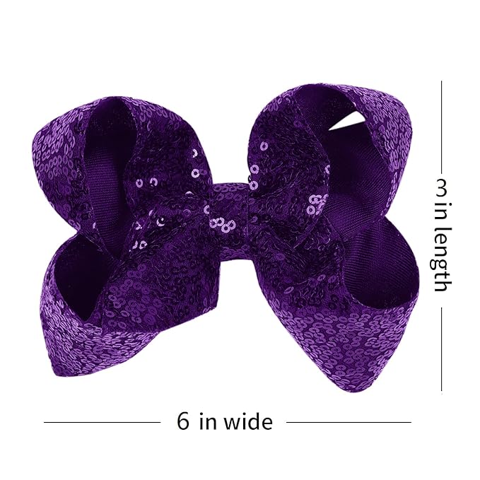 6 Inch Dark Purple Sparkly Glitter Sequin Hair Bows for Girls Toddlers Kids Children Teenage (2PCS)