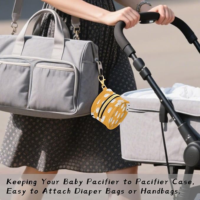 Pacifier Holder with Clip Pacifier Case for Diaper Bag Round Baby Pacifier Pouch Box Bag Portable Halloween Ghosts Light Orange