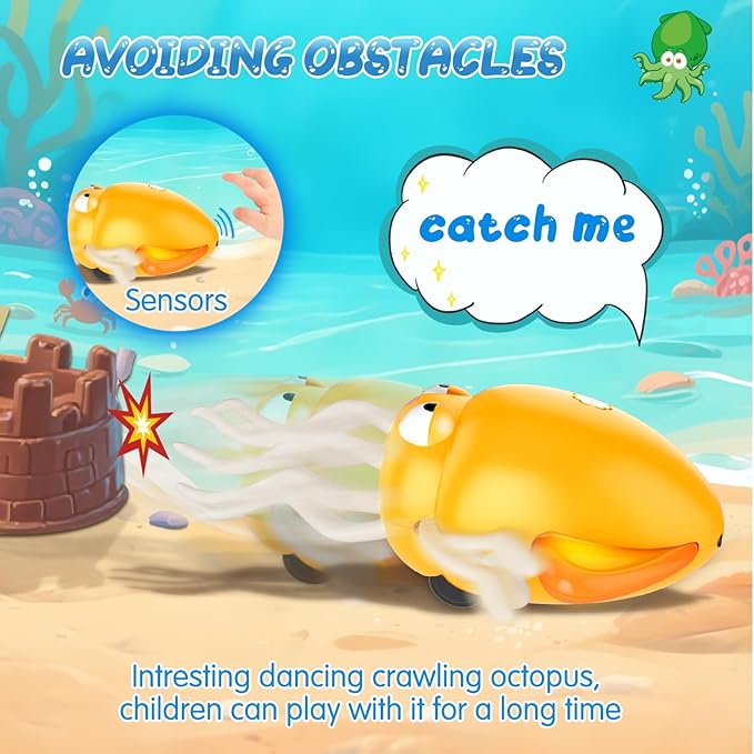 AOTIBO Baby Dancing Octopus Toy for 1 2 3 4 5 Year Old Boy Girl, Baby Tummy Time Electric Crawling Octopus Toys 12-18 Months, Dancing Squid Toy for Walking Toddlers, Kids 1st Birthday Gifts, Yellow