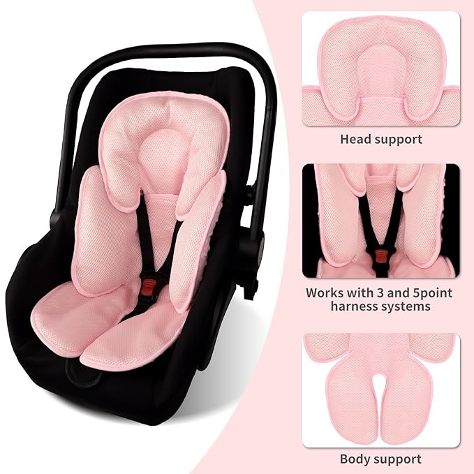 2-in-1 Baby Car Seat Cushion & Car Seat Strap Pads, Infant Car Seat Head Support & Strap Shoulder Covers, Car Seat Insert & Belt Covers for Newborn, Pink
