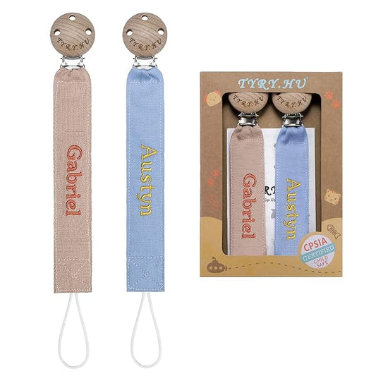 TYRY.HU Personalized Pacifier Clip with Name, Embroidery Ribbon Pacifier Holder for Baby Girls and Boys, Neutral Pacifier Leash Universally Fit All Pacifiers, 2 Pack Baby Gift(Khaki, Blue)