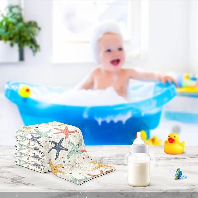 vvfelixl Baby Muslin Washcloths Colorful Starfish Baby Burp Cloths Cotton Babys Face Towel for Newborn Infants Boys Girls Soft and Absorbent 11.8 X 11.8 in, 3 Pack