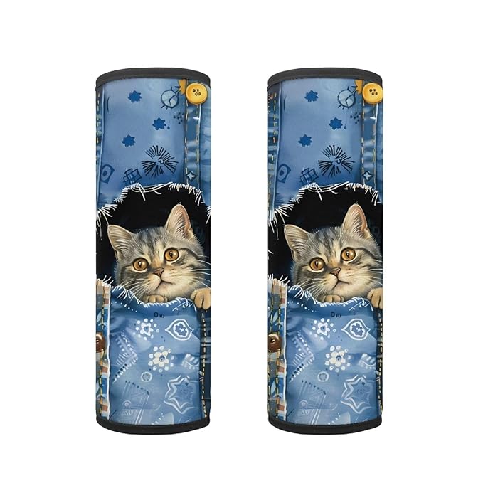 Biyejit 2 Pack Cute Denim Cat Seat Belt Covers for Kids, Soft Seat Belt Cushion for Children, Anti-Slip Design Car Seat Belt Pads Cover for Girls and Boys Car Accessories