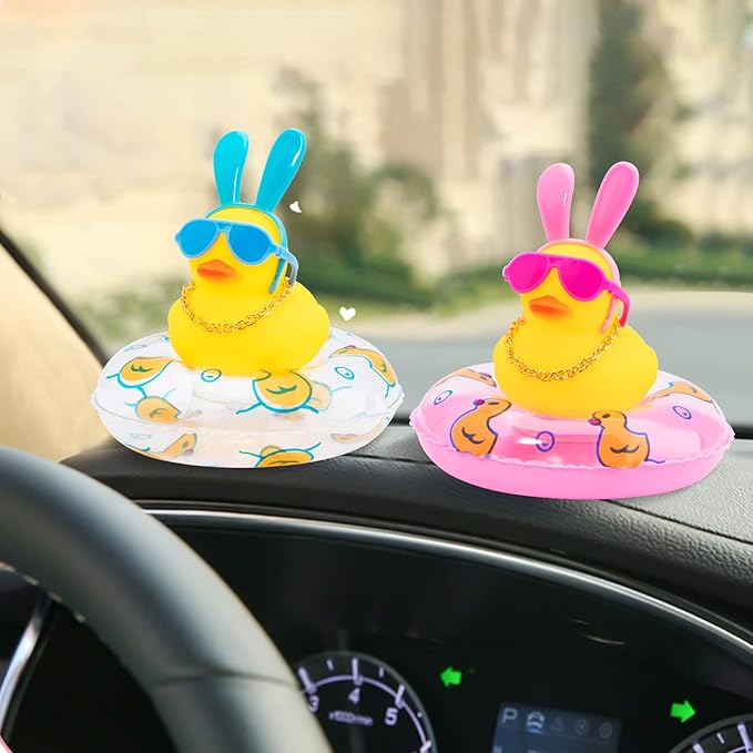 wonuu Car Duck Rubber Duck Car Ornaments Duck Car Dashboard Decorations with Cute Headband Swim Ring Necklace Sunglasses, B-Pink Long Rabbit Ear Headband