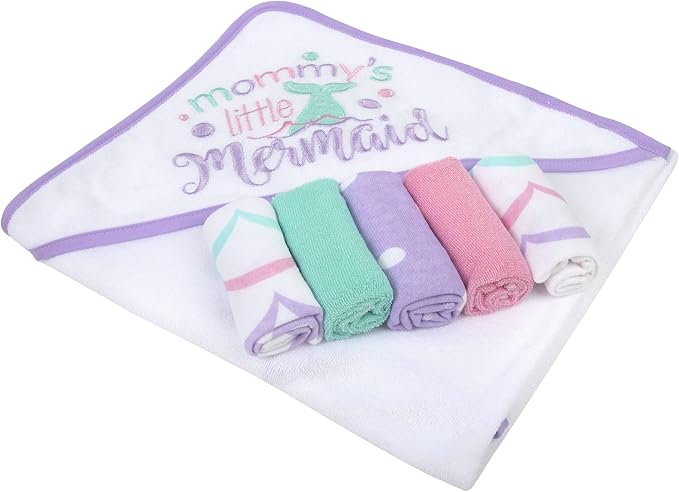 Baby Hooded Towel and Washcloth Set for Infants, Boys and Girls 6-12 Months (Mommy's Mermaid)
