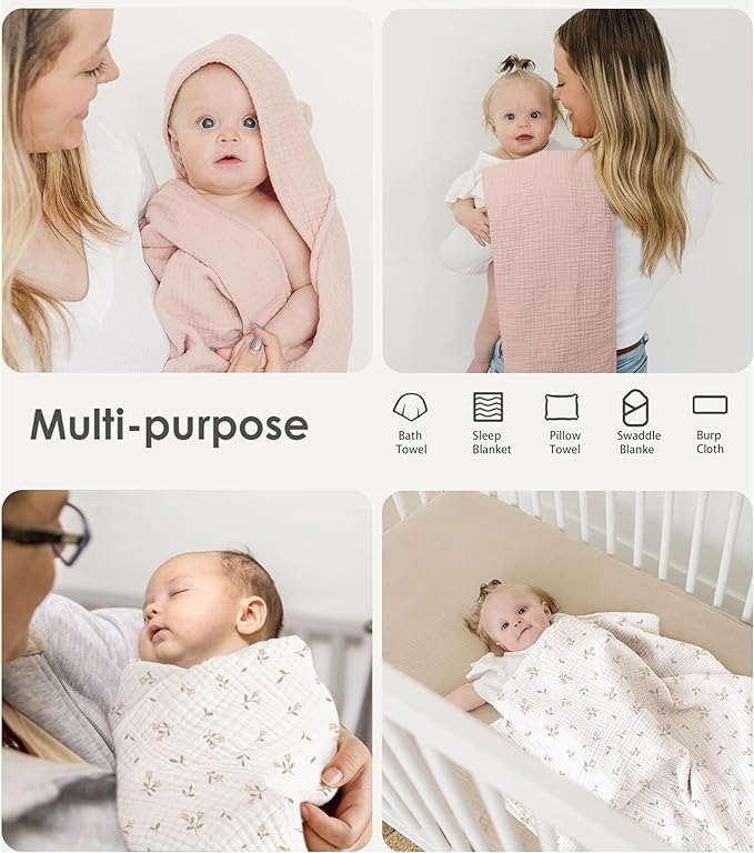 MairMore Muslin Baby Towels with Hood for Newborn 100% Cotton Baby Bath Towels Soft & Absorbent Hooded Baby Towel for Boys and Girls, Large Size - 32 * 32 Inches