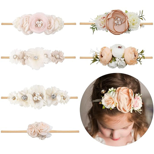 Baby Girl Flower Headband 6 PCS Elastic Hairbands Handmade Nylon Bows Headbands Chic Floral Hair Accessories Kids Gifts for Newborn Infant Toddlers