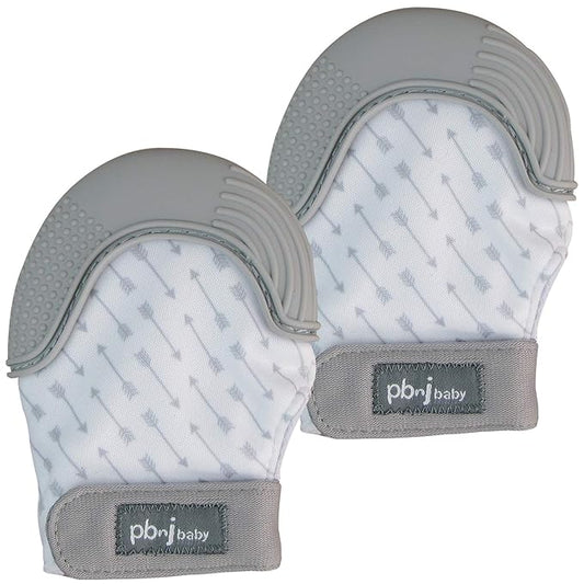 PBnJ Baby, Silicone Teether Glove, Baby Toys 0-6 Months, Mittens for Infants use as Teething Pacifier, Teething Toys 3-6 Months, Teethers for Babies 6-12 Mon, 6 Mo Old Must Haves - Gray Arrows