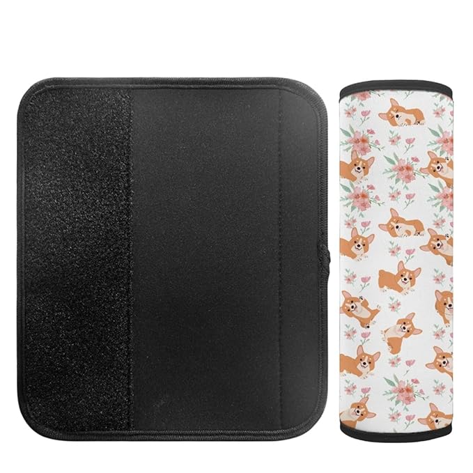 ENLACHIC Kids Car Seat Belt Cover, Cute Cartoon Animal Print Baby Car Seat Strap Pads Infant Car Seat Protector Car Accessories Universal All Cars,Corgi Dog Flower