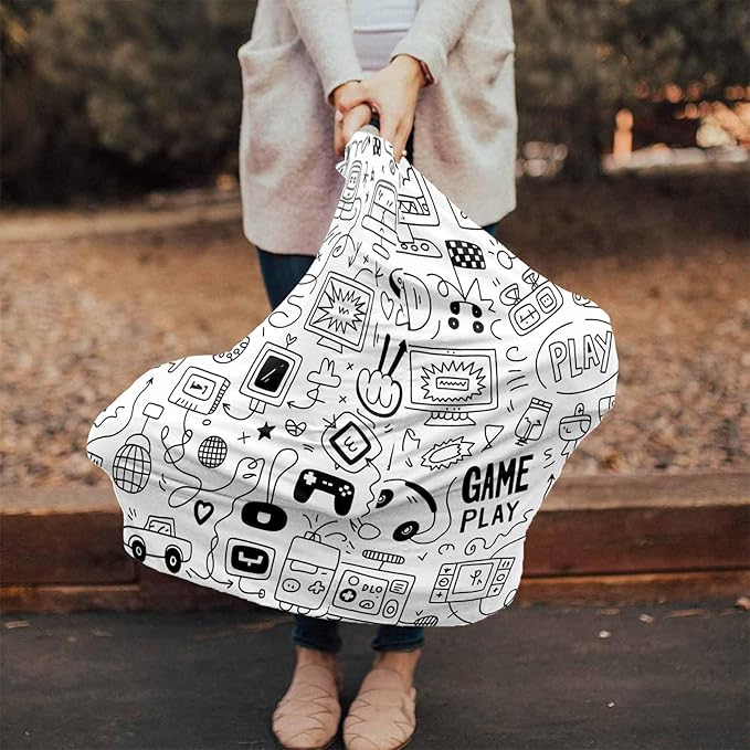 Video Games Car Seat Covers for Babies Boy Girl Capony Covers Gaming Racing Nursing Cover Breastfeeding Scarf Soft Breathable Stretchy Coverage, Monochrome Sketch Infant Stroller Cover Shopping Cart