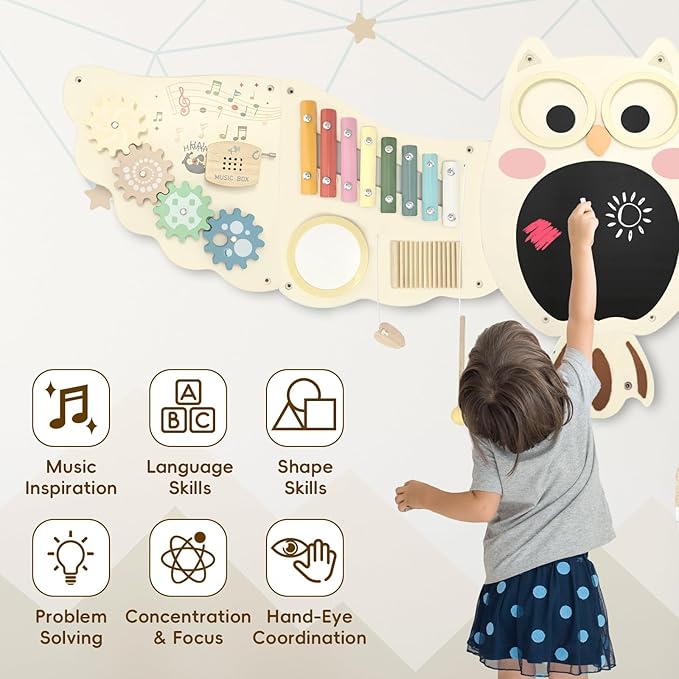 Baotree Owl Activity Wall Busy Board Panels, Montessori Sensory Toys, Toddler Learning Activity Center,Interactive Wooden Learning Toy for Toddler Playroom & Children's Daycare