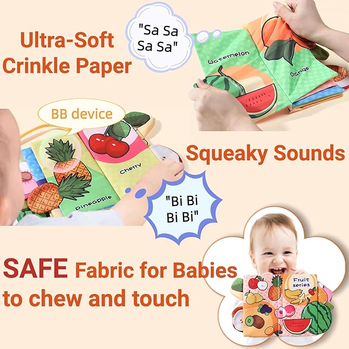 Baby Crinkle Books 0-6-12 Months, Infant Soft Cloth Tummy Time Toy for Babies 0-1-2-3-4-5-7-8-9-12-18 Month Old, Newborn Girl Boy Gift Touch Feel Sensory Fruit Theme Book Travel Stroller Toys
