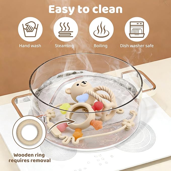 3Pcs Baby Silicone Teether Toy Set - Food-Grade Silicone Teething Relief Toys,Wooden Ring Teether Cute Bear Toy and Toy Straps for Babies 3-12 Months (Bright Beige)