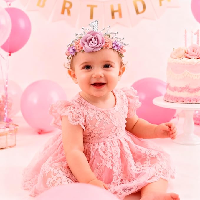 cherrboll Flower Headband Birthday Crown for Girl, Floral Nylon Hairband for 1-3 Years Old Toddler, First 1st Birthday Party Dress Photo Decoration Hair Accessory