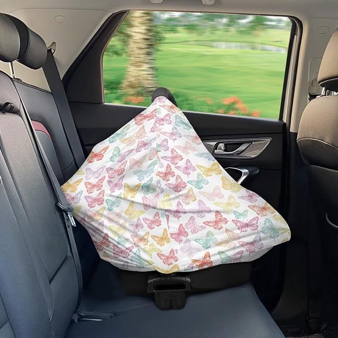 Biyejit Butterfly Print 5-in-1 Car Seat Cover Baby Boy Girl Gift, Privacy Breastfeeding Nursing Cover Newborn Infant Multi-use Carseat Canopy Carrier