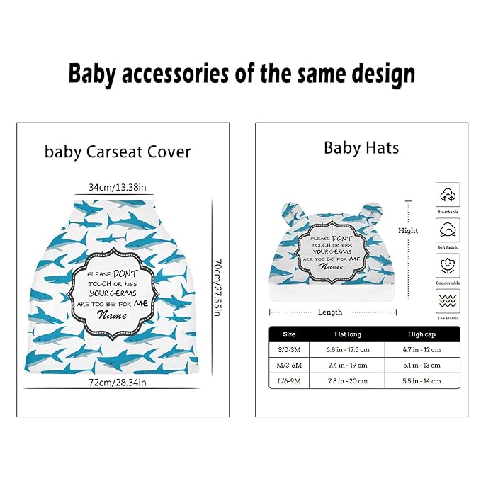 Personalized Shark Baby Boy Carseat Cover with Name, Customized No Touch Sign Stroller Car Seat Canopy, Multiuse Nursing Covers Breastfeeding Scarf, Shower Gift for Newborn Infant Babies