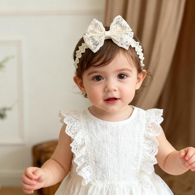 Handmade Baby Girl Headbands in Beige Baby Bows and Floral Lace Headband Bows for Newborns and Toddlers Cute Baby Girl Bows and Newborn Headband Bows