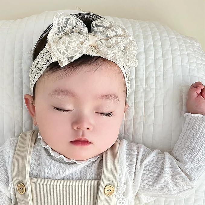 Lace White Bow-knot Baby Girls Headband Birthday Shower Infant Wrap Elastic Flower Baby Turban Hairband for Newborn Infant Toddler Kids (Ivory A, Elastic)