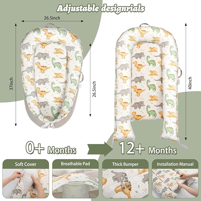 Alened Baby Lounger for Newborn 0-24 Months, Organic Cotton Infant Lounger on Floor for Supervised Tummy Time, Adjustable Portable Support Pad for New Born Awake Use Only - Dinosaur