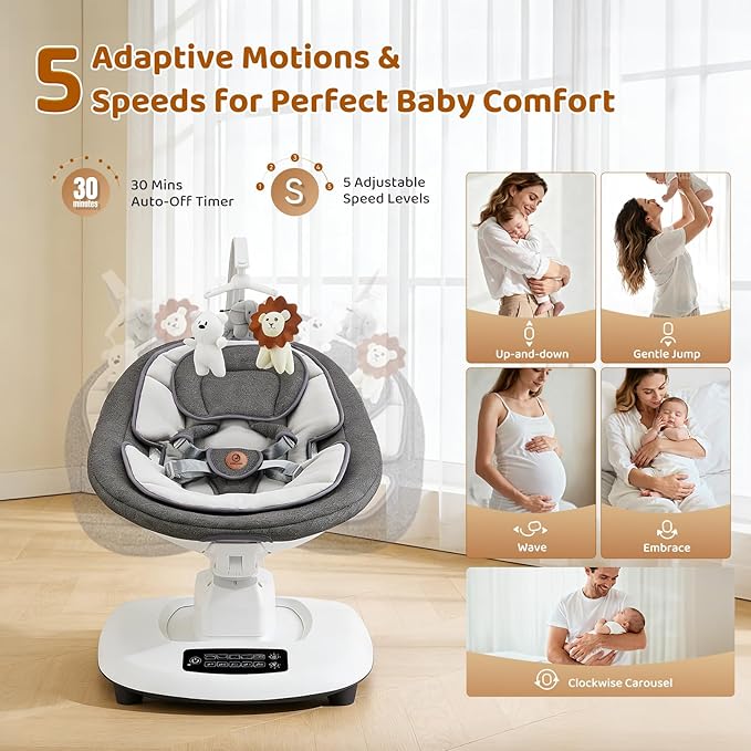 Baby Swing, Multi-Motion Baby Swings for Infants to Toddlers, Enabled with 5 Unique Motions & 5 Speeds, 360° Rotating Seat, 5-Point Harness, 5 Preset Lullabies