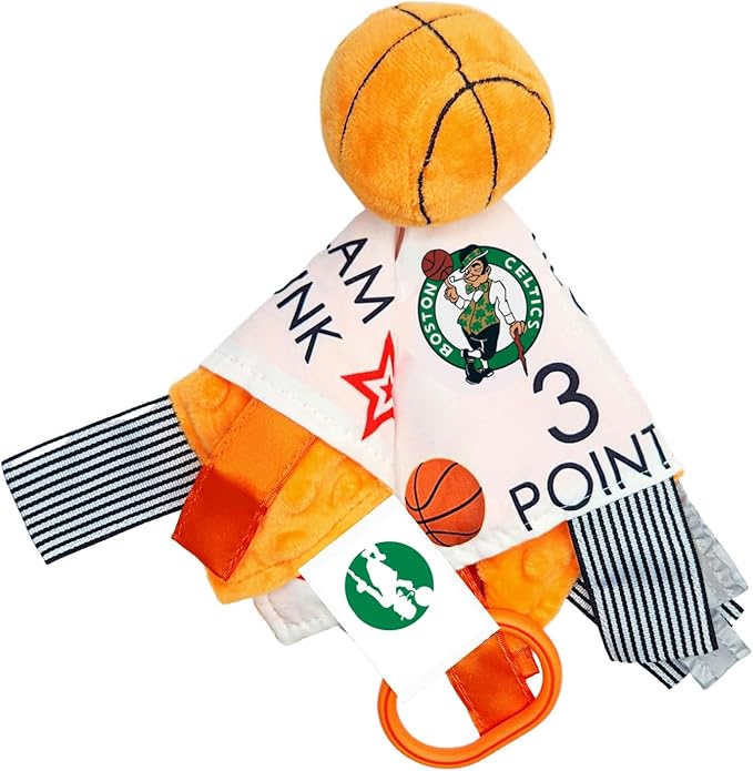 The Learning Lovey Boston Celtics Baby Tag Toy, NBA Basketball Sensory Crinkle Toys, Soft & Safe, Ideal Stroller, BPA-Free with Clip, 10" x 10"