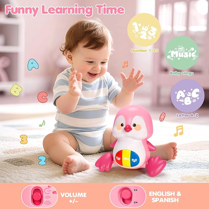 Baby Toys 6-12 Months, Musical Penguins Crawling Infant Toys, Early Learning Toy for Tummy Time with Light & Sound, Birthday Gifts for Babies Newborn Boys Girls 6 7 8 9 10 11 Months 1 Year Old - Pink