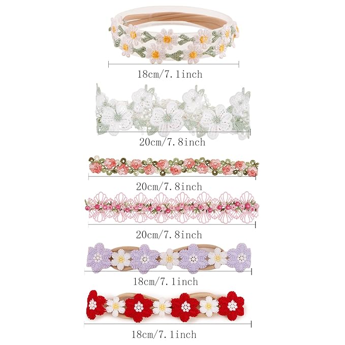 Baby Girl Flower Hair Bows Nylon Headbands, 6PCS Stretchy Soft Floral Hairbands Crown, Handmade Hair Accessories for Newborn Infant Toddler