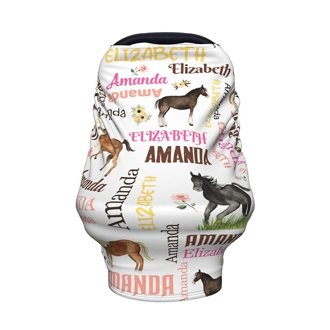 Personalized Baby Car Seat Cover for Girls, Custom Floral Horse Nursing Covers for Breastfeeding with Name, Infant Stroller Cover, Baby Carseat Canopy for Newborn, Multiuse Car Seat Canopies