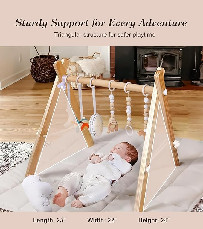 Wooden Play Gym with Beige Mat, Foldable Baby Play Gym, Infant Activity Mat with 6 Hanging Toys, Natural Pine Wood Frame Activity Center, Easy to Assemble & Clean, Newborn Present for Boys & Girls.