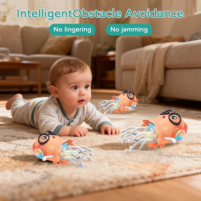 Magic Electric Dancing Jellyfish Toy with Led Light and Music,Playful Automatic Steer Crawling Dancing Baby Toy with Smart Tentacle Explorer,Octopus Toy,Tummy Time Toys (Orange)